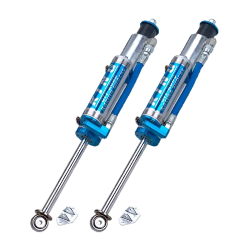 07-17 Jeep JK front shocks with piggyback hose reservoir, designed for high performance and adjustable ride. Enhances travel and damping for off-road use.
