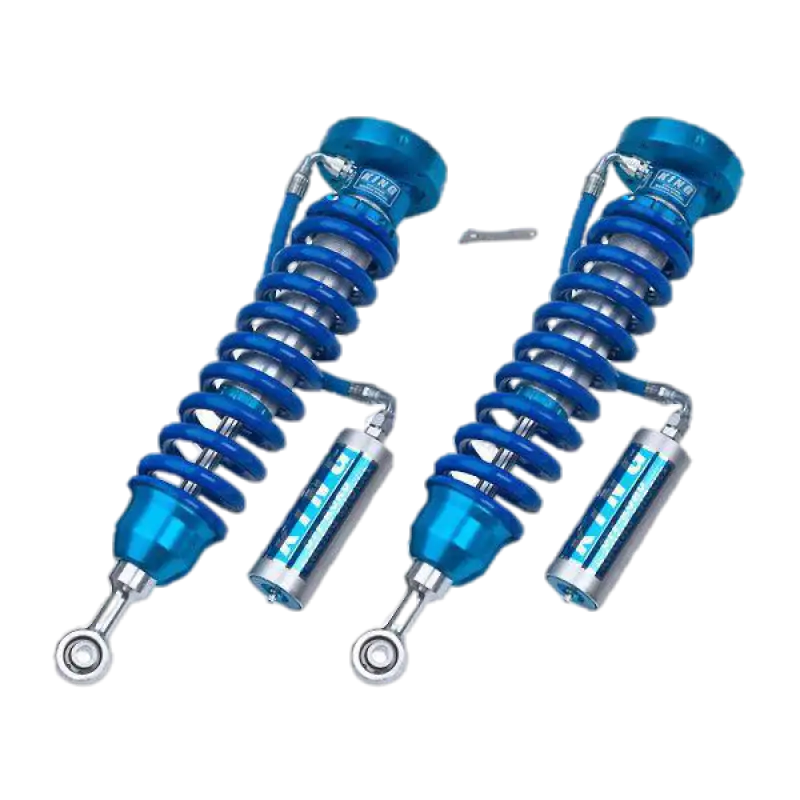 King 2.5 front coilovers for Ford F250/350, offering 25% more wheel travel, anodized blue finish, and off-road optimized gas-charged reservoirs.