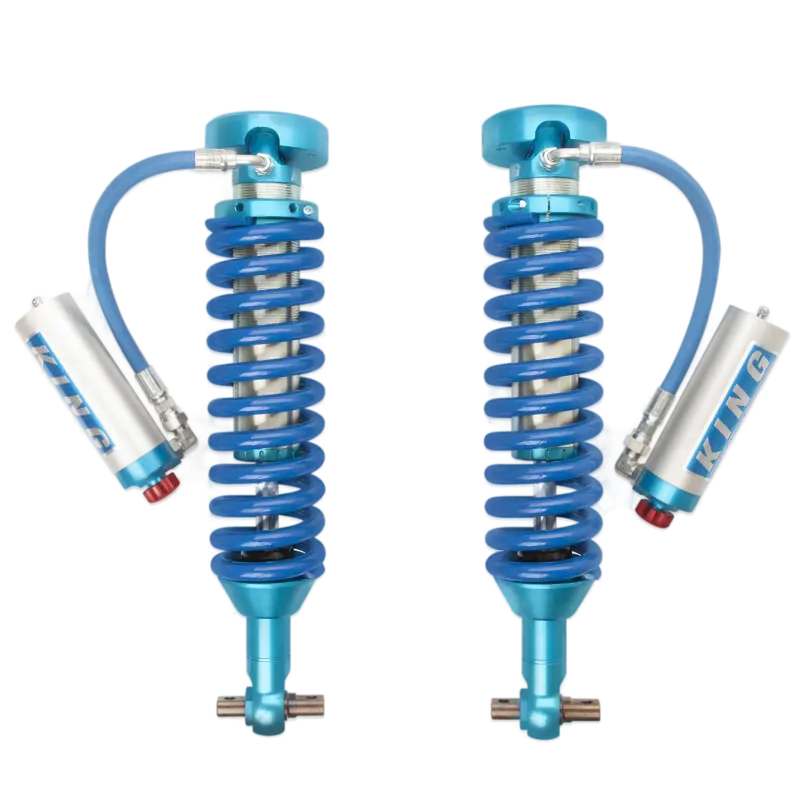 King coilover kit for 2017-23 Chevrolet Colorado ZR2 featuring blue springs and external reservoirs, designed for 25% more wheel travel.