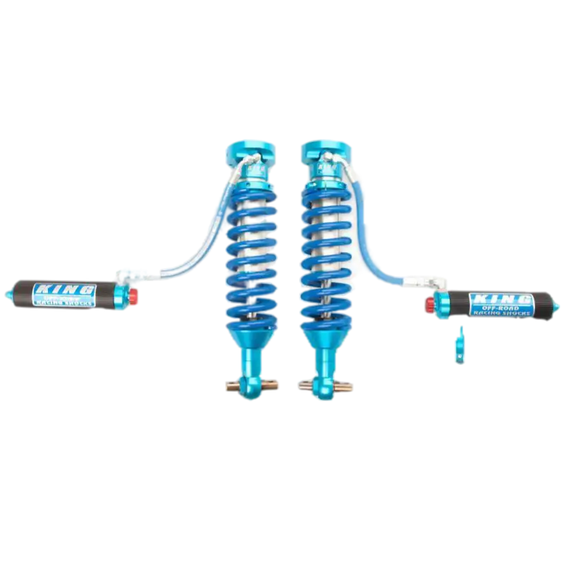 19-23 Ford Ranger coilover kit with blue anodized aluminum shocks and remote reservoirs, offering 40% more wheel travel.