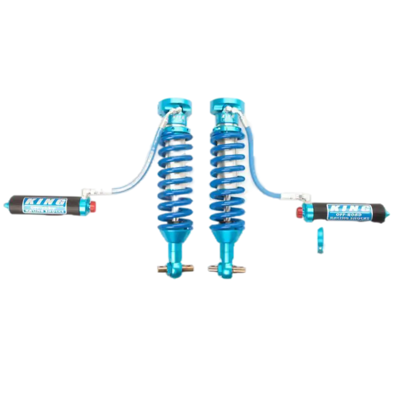 King Off Road adjustable coilover kit for 2019-2023 Ford Ranger, featuring blue anodized shocks and external reservoirs for enhanced suspension.
