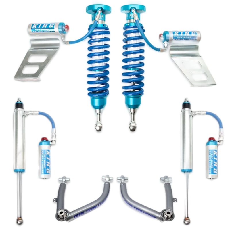 King 2.5 RR coilovers and rear shocks with adjustable upper control arms for 07-21 Toyota Tundra, enhancing off-road suspension capabilities.
