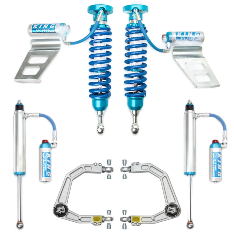 King 2.5 RR coilovers and rear shocks set with upper control arms for 07-21 Toyota Tundra, ideal for suspension upgrades and lift kits.
