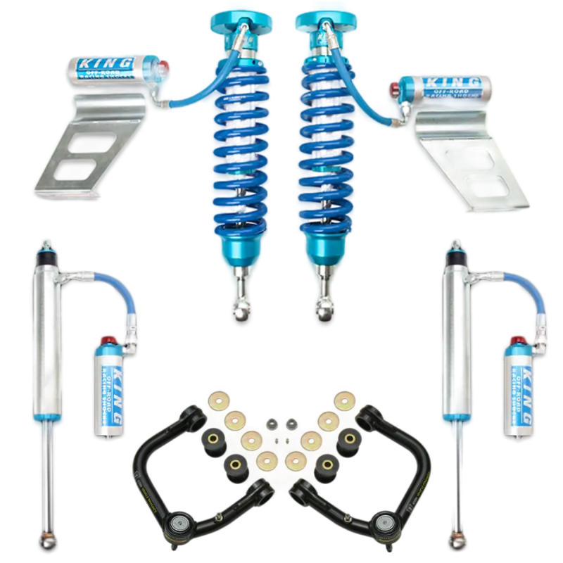 Complete King 2.5 RR coilovers and rear shocks kit with adjustable upper control arms for 07-21 Toyota Tundra, designed for enhanced suspension performance.