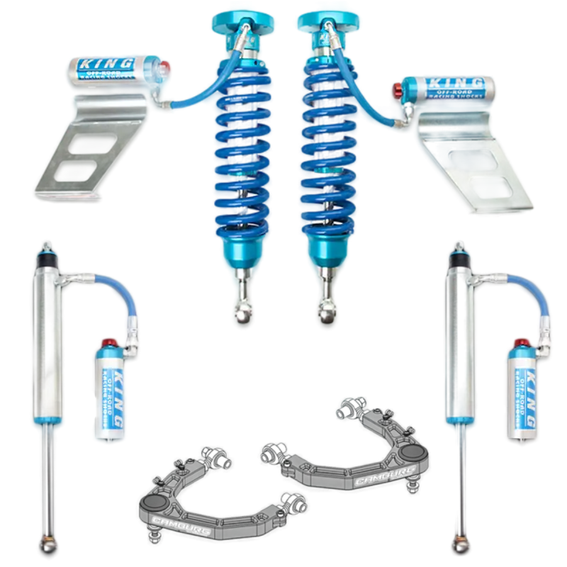 King 2.5 RR coilovers and rear shocks with adjustable components for 07-21 Toyota Tundra, offering improved wheel travel and alignment.