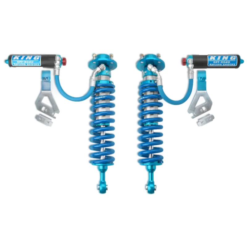 King 2.5 RR coilovers for 22-23 Toyota Tundra, featuring blue anodized finish, external reservoirs, and bolt-on design for enhanced suspension.