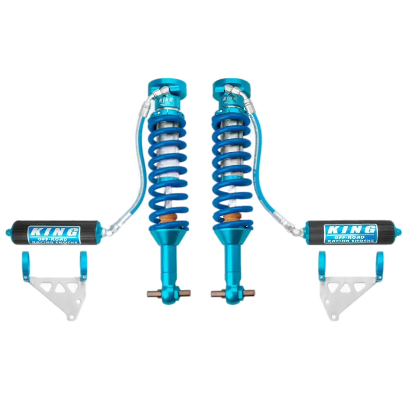 Blue off-road racing shocks with compression adjuster for increased fluid capacity in Ford Bronco