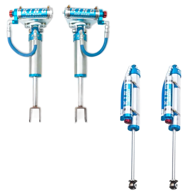 King 2.5 RR front shocks and 2.5 PB rear shocks with adjusters for Chevy/GMC 2500/3500, featuring durable design and advanced suspension performance.