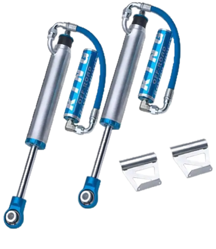 Toyota Tundra rear shocks, King 2.5 Performance Series, bolt-on design for 2007-2021 models, polished shafts, and rebuildable with included hardware.