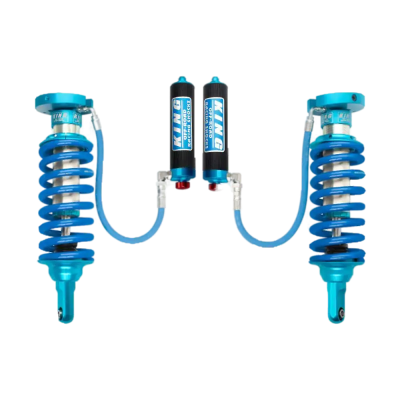 King 2.5 RR Rear Coilover Kit for Chevy/GMC Tahoe, Suburban, Yukon, featuring blue springs, remote reservoirs, and bolt-on design for enhanced suspension.