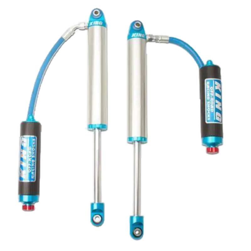 King 2.5 remote reservoir rear shocks for 2019-2023 Chevy/GMC 1500, designed for 0-1.5 inch lift, featuring CAD plating and rebuildable components.