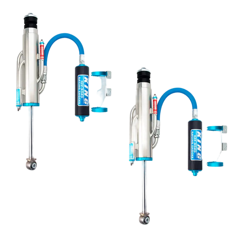 Pair of King 3.0 Stage 3 rear bypass shocks with external reservoirs for Toyota Tundra, optimized for high travel and race performance.