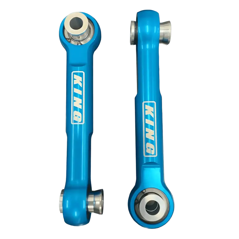 King Shocks Rear Sway Bar Billet Link Kit for 2022+ Toyota Tundra in blue finish, designed for enhanced suspension stability and control.