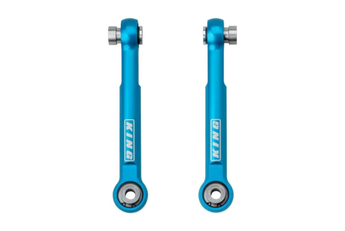 Tacoma King Shocks rear sway bar links for 2024+ models, CNC machined in blue finish, designed for improved stability and handling on lifted setups.