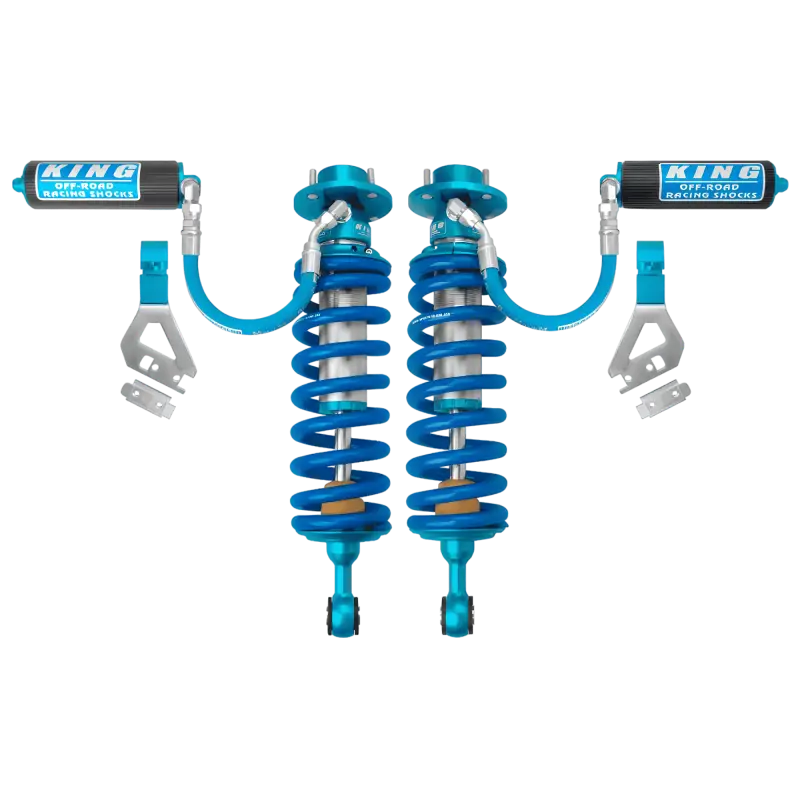 Toyota Sequoia (23+) King Shocks 2.5 Dia Front Coilover with blue springs and remote reservoirs for enhanced suspension performance.