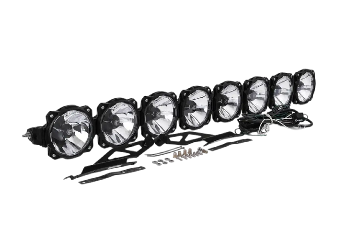 50-inch KC Gravity LED light bar with multiple round lights, wiring harness, and mounting hardware. Designed for off-road and Toyota Tacoma roof installation.