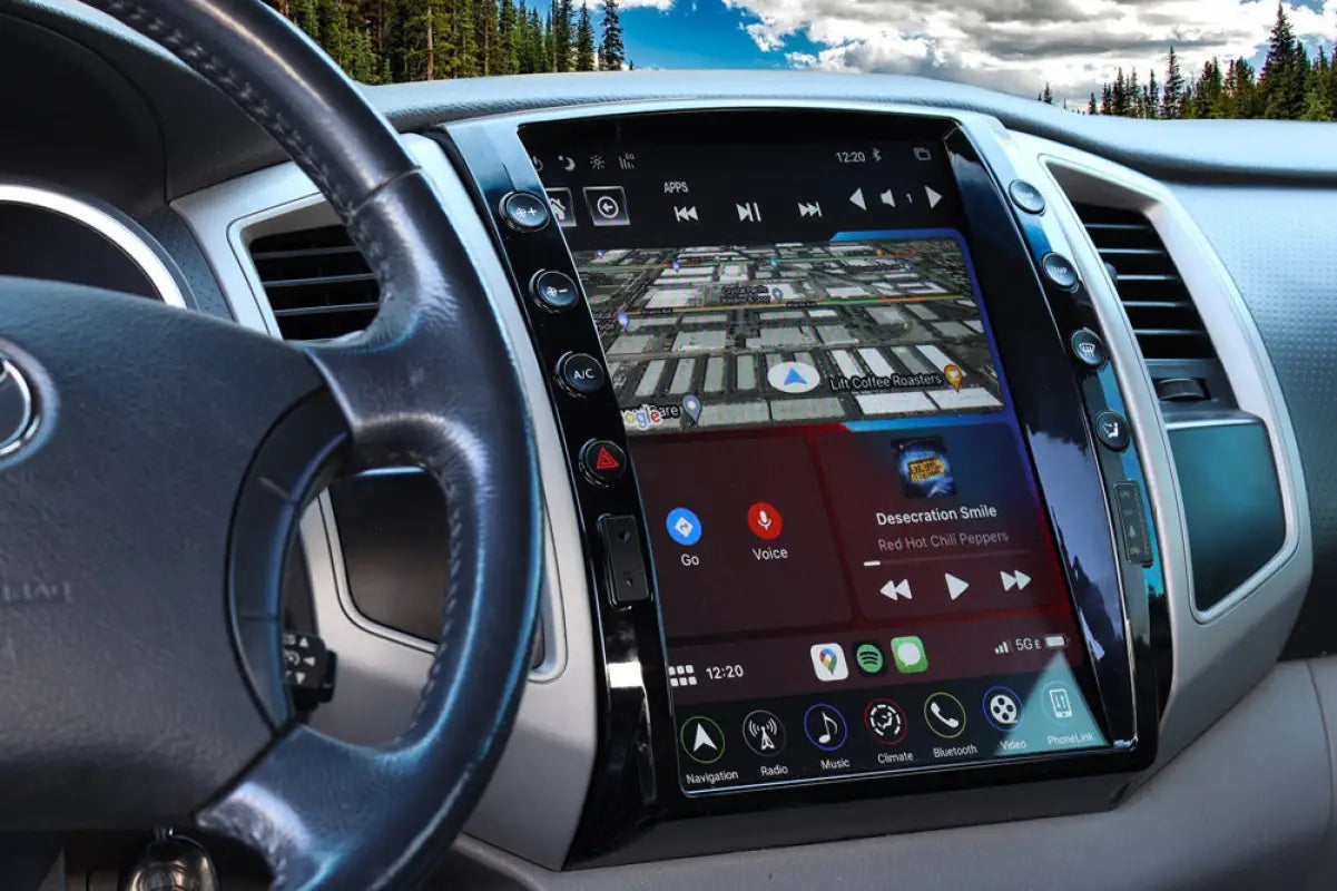 LinksWell GEN 5 T-Style 12.1-inch radio installed in a Toyota Tacoma, showcasing navigation, music controls, and modern interface.