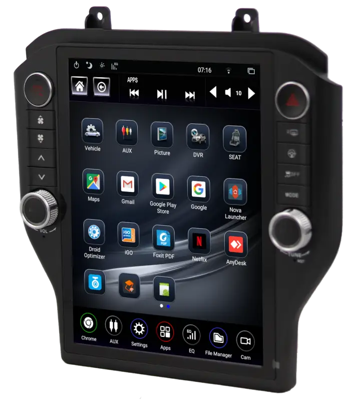 LinksWell GEN 5 T-Style Radio for 2015-2023 Ford Mustang with large touchscreen, Android Auto, CarPlay, and DSP audio integration.