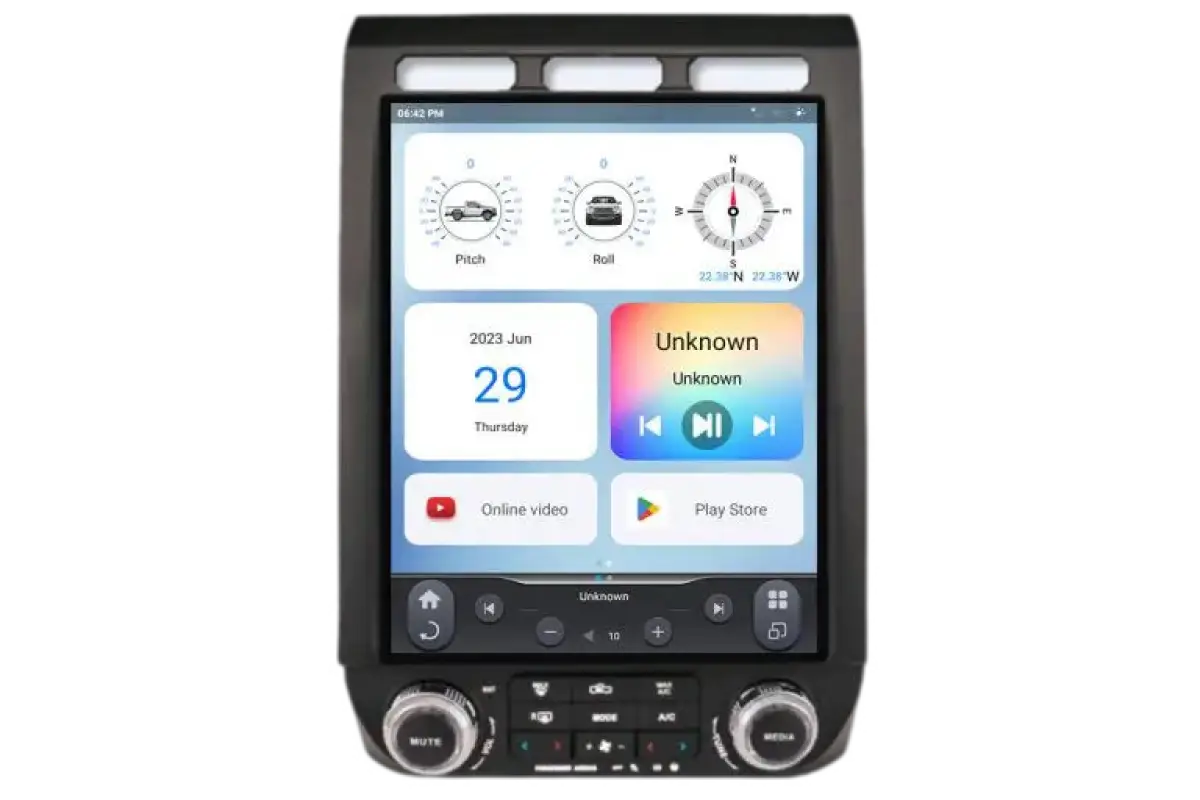 LinksWell GEN 6 T-Style 12.1-inch head unit displaying pitch, roll, compass, and multimedia controls for Ford F150, F250, F350 trucks.