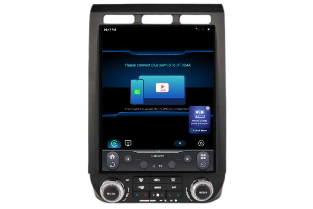 LinksWell GEN 6 T-Style 12.1-inch head unit showing Bluetooth connection interface for iPhone compatibility in Ford F-Series trucks.