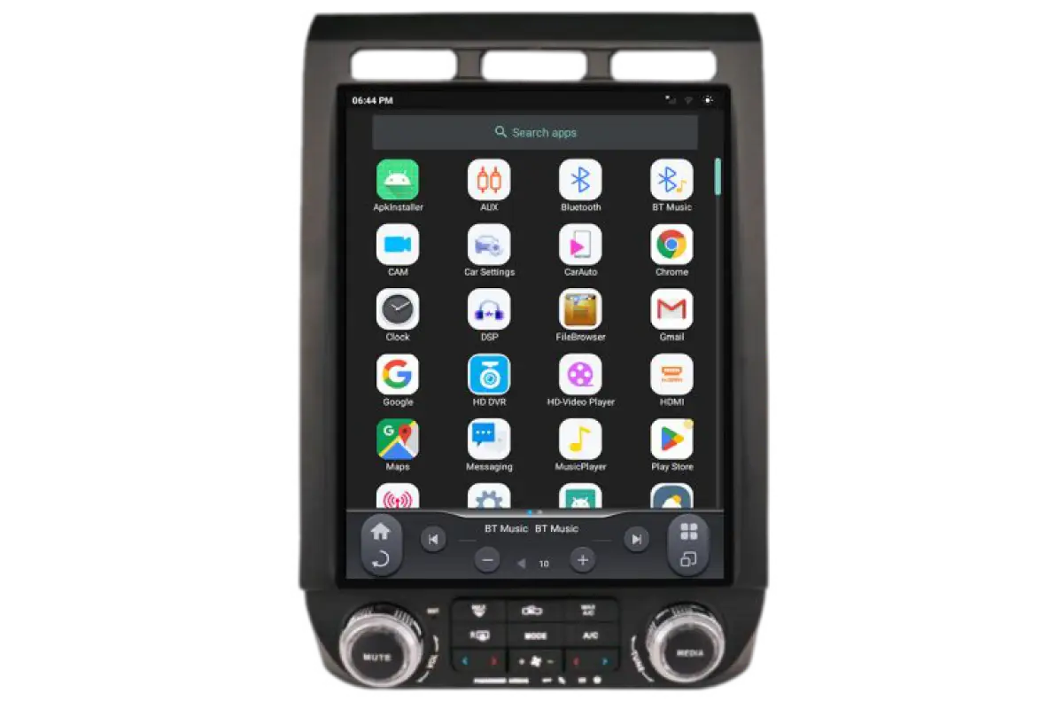LinksWell GEN 6 T-Style 12.1-inch head unit with app menu interface, featuring icons for Bluetooth, navigation, and multimedia apps.