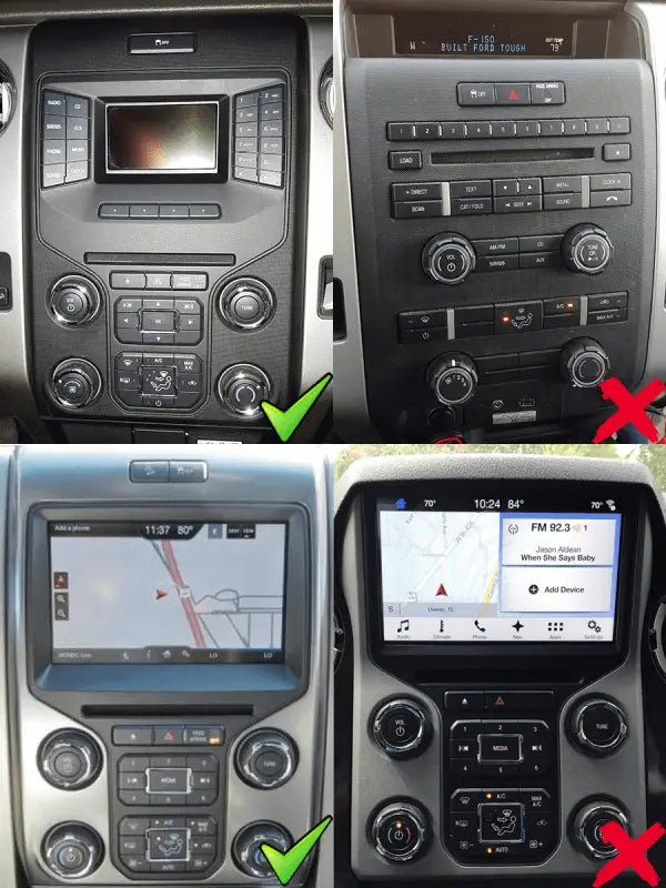 Compatibility guide for Linkswell GEN 6 T Style Radio showing acceptable and non-compatible dashboard layouts for 2013-14 Ford F-150.