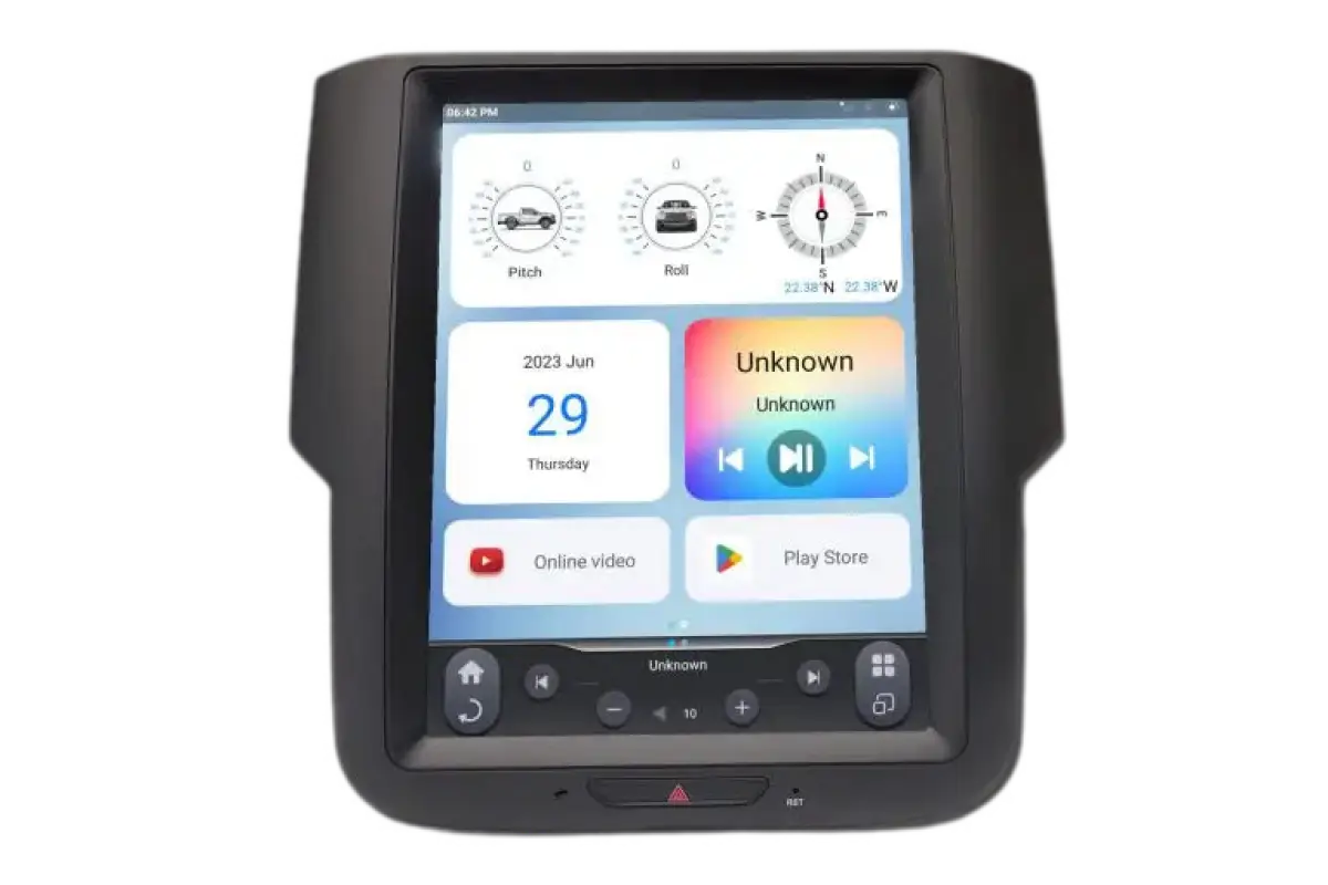 Linkswell GEN 6 T-Style radio for Dodge Ram 2013-19 featuring a 10.4-inch multi-touch display with Android 11, Car Play, and Android Auto.