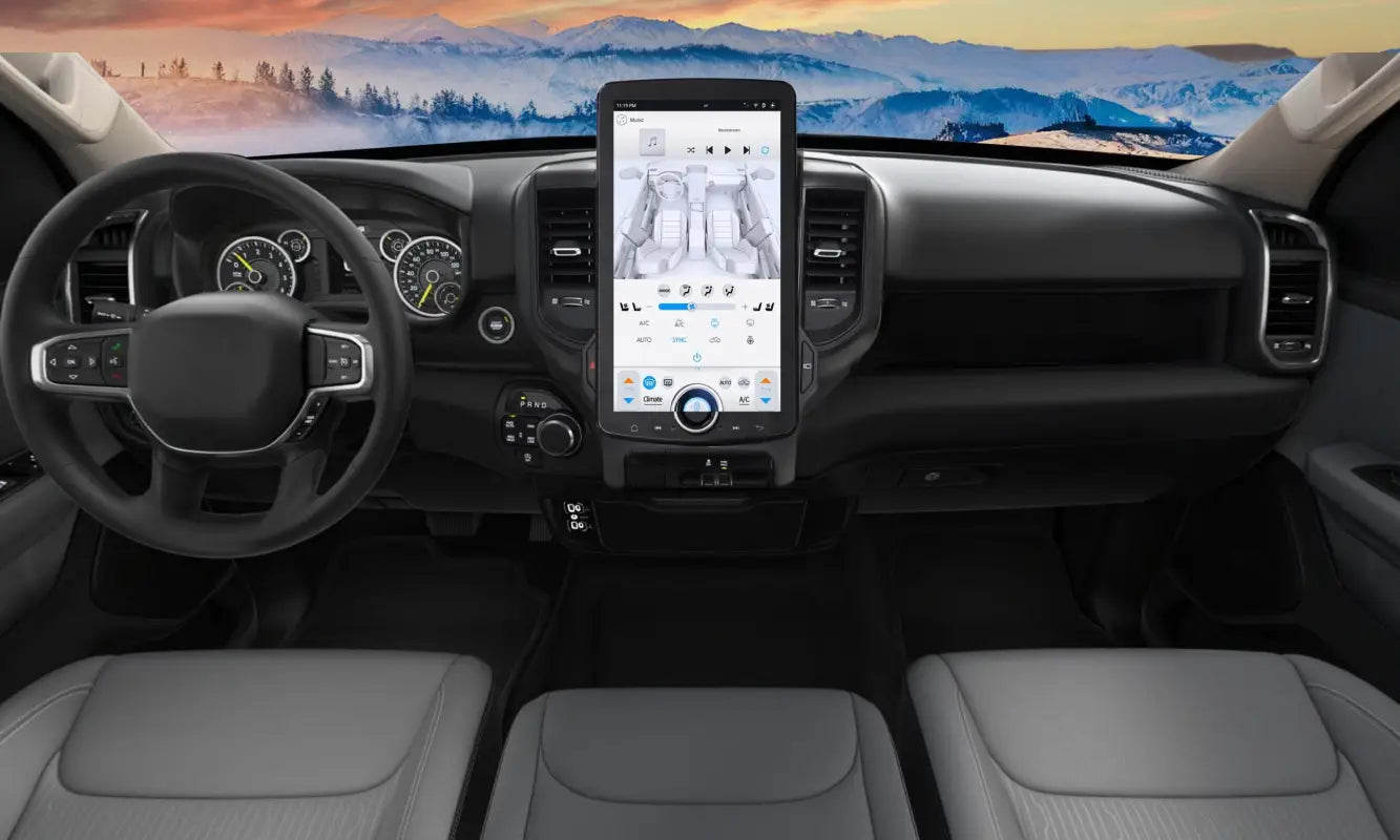 Interior view of a Dodge RAM Pickup with Linkswell GEN X1 T-Style 15.6-inch touchscreen head unit installed, showcasing advanced Android features and seamless dashboard integration.