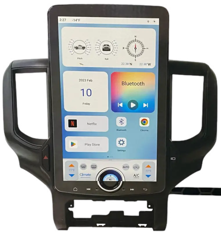 Linkswell GEN X1 T-Style 15.6-inch touchscreen head unit for 2019-2024 Dodge RAM Pickup, featuring Android interface with Bluetooth, navigation, and app integration.