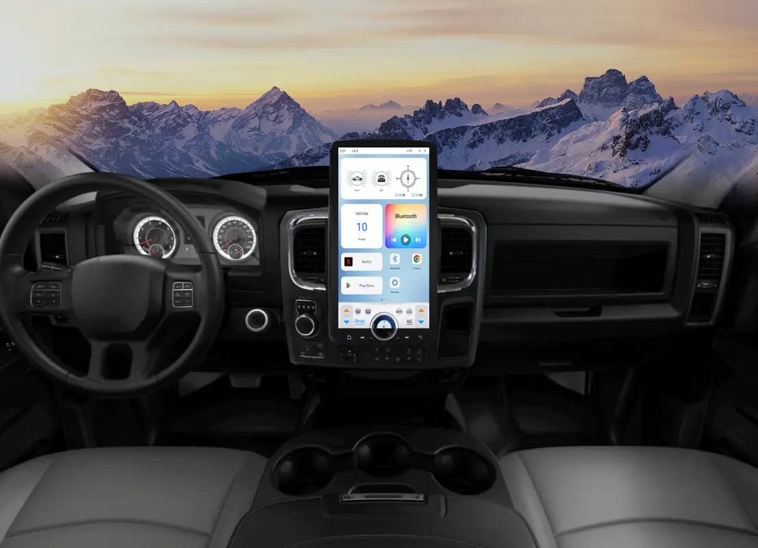 Interior view of a Dodge Ram 2014-2018 showcasing the Linkswell XL T-Style Radio with a 15.6-inch display and advanced car stereo features.