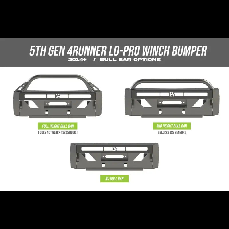 Diagram of 5th Gen 4Runner Lo Pro Winch Bumper options, showing full bull bar, mid-height bull bar, and no bull bar configurations.