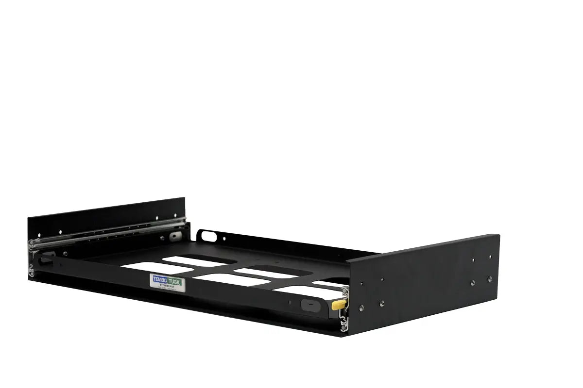 Side view of the mid-size side pull fridge slide with rugged locking tracks and black aluminum construction. Ideal for camping and kitchen setups.