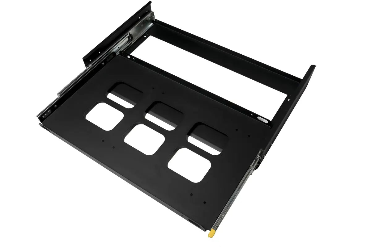 Top-down view of the mid-size side pull fridge slide in black aluminum, showcasing six cutout slots and durable construction for overland fridges.