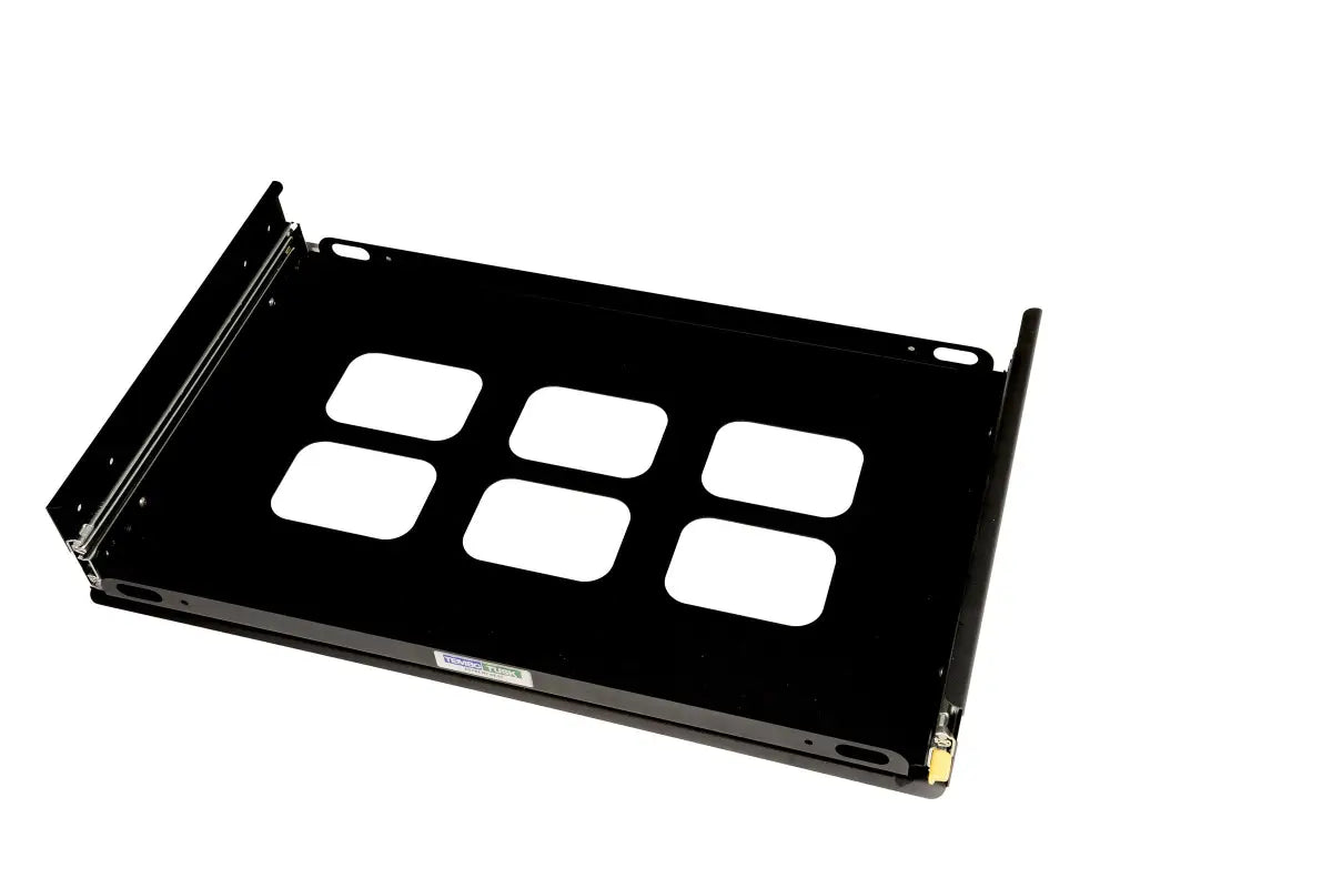 Mid-size side pull fridge slide in black aluminum with six cutout slots, designed for 30 x 18 fridges. Lightweight and durable for overland use.