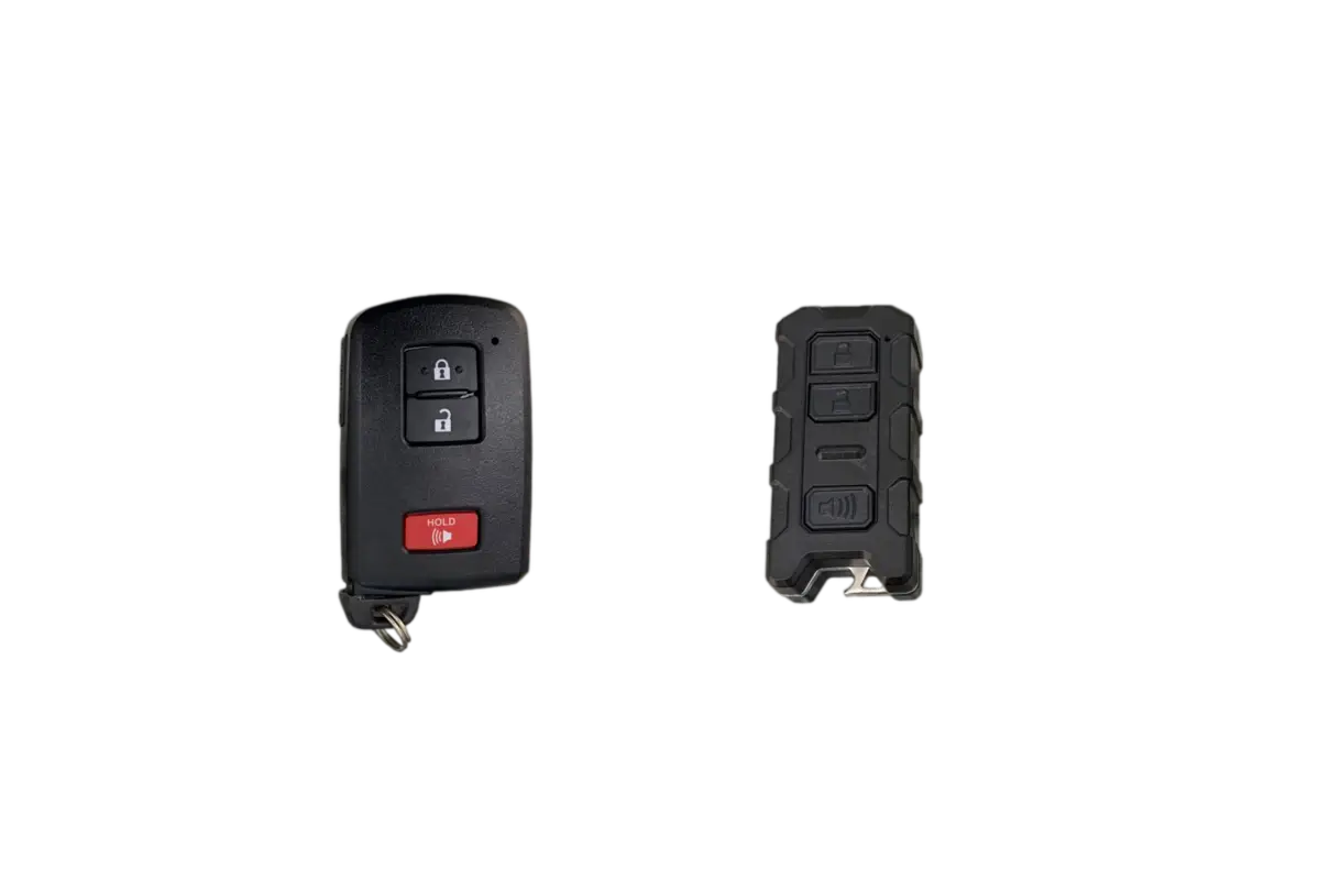 Comparison of the Minimalist Key Fob V2 with a standard Toyota key fob, showcasing its compact and durable design for Tacoma, Tundra, and 4Runner.