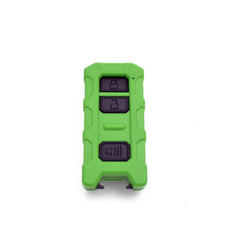 Minimalist Key Fob V2 in green with black buttons, designed for Toyota Tacoma, Tundra, and 4Runner, featuring a spare key slot and bottle opener.
