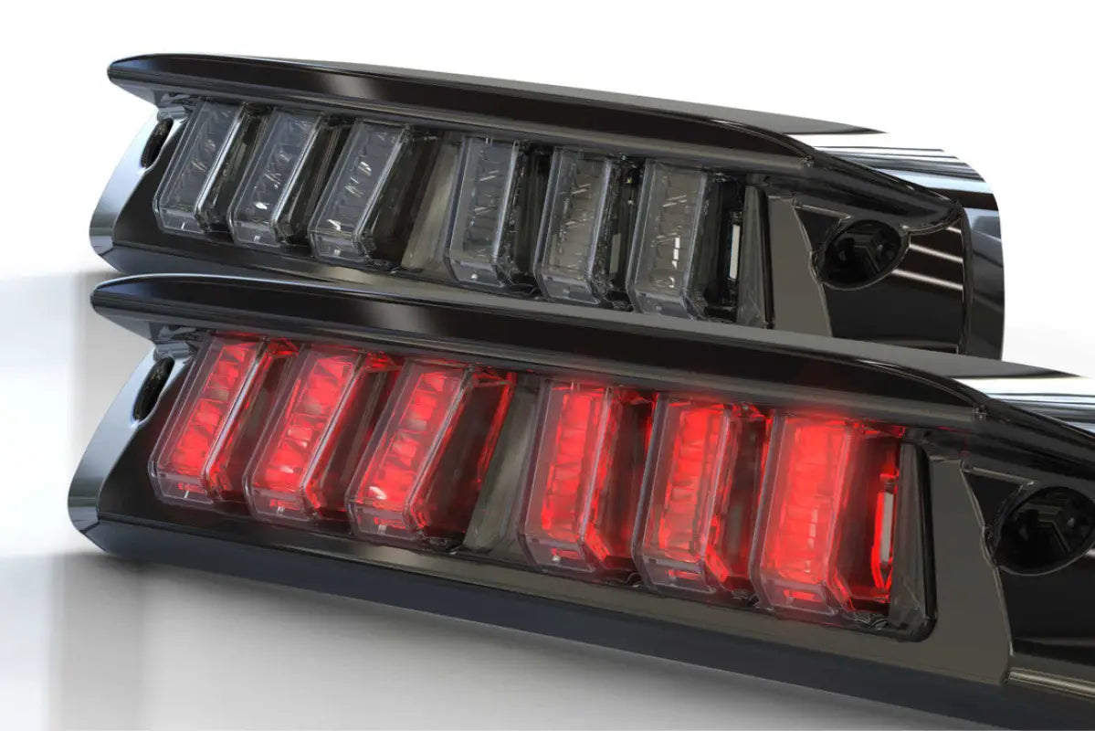 Side-by-side view of Morimoto X3B LED third brake light for Tacoma Access Cab (2005-2023) in red illuminated and clear unlit states.