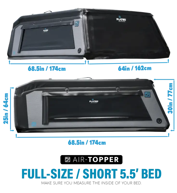 Dimensions of the MR Full-Size 5.5' Bed air-topper shell displayed, emphasizing its compatibility with short truck beds.