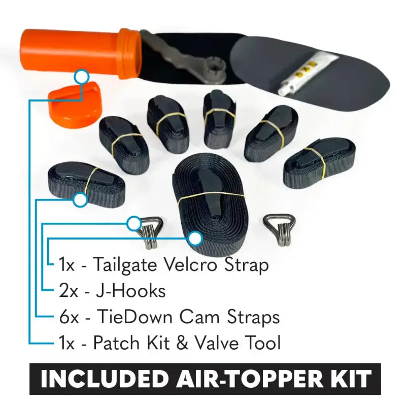 Included accessories for the MR Full-Size 5.5' Bed air-topper shell, featuring straps, hooks, and a patch kit for secure installation.