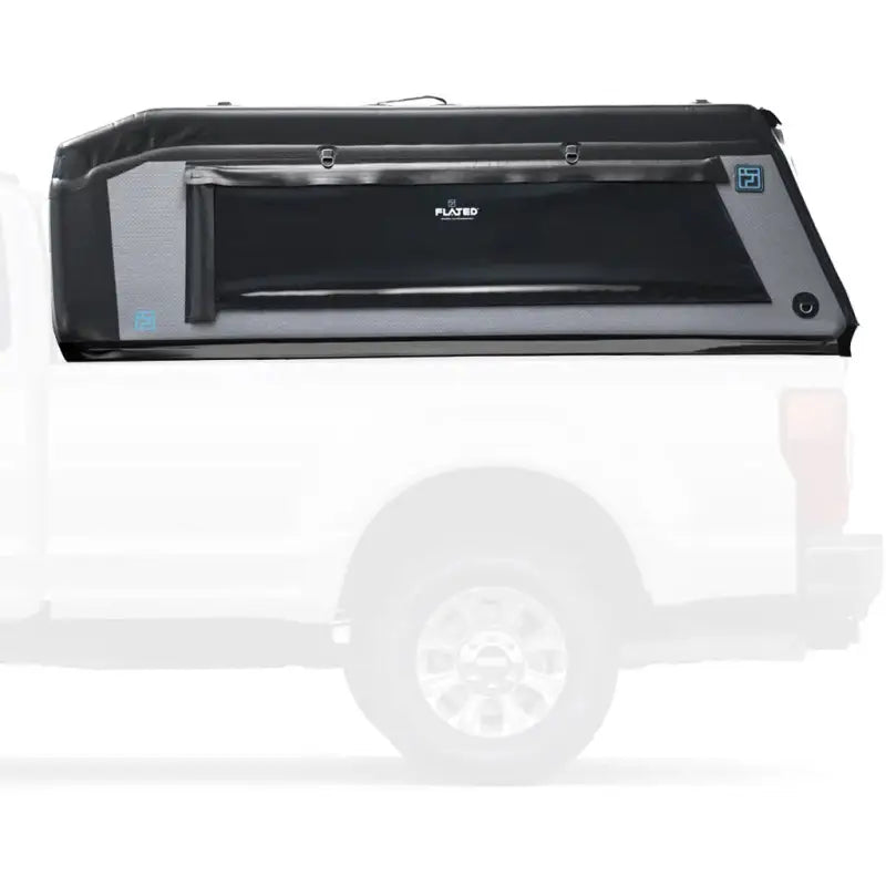 MR Full-Size Truck Topper installed on a white truck, showcasing its inflatable design and rigid structure for 8-foot beds.
