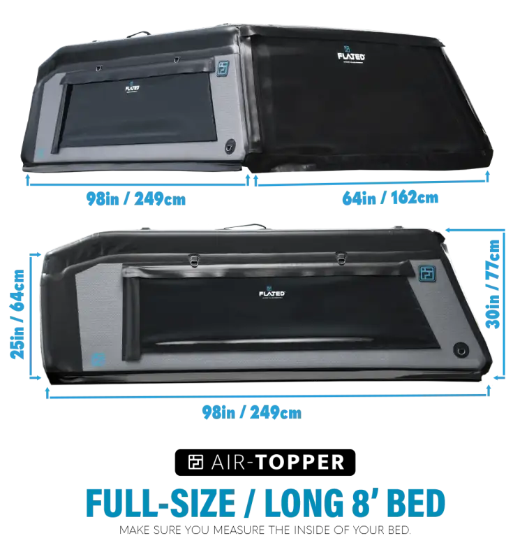 Dimensions of the MR Full-Size Truck Topper for 8-foot beds, highlighting its precise fit and compatibility with GMC, Ford, Chevy, and Ram trucks.
