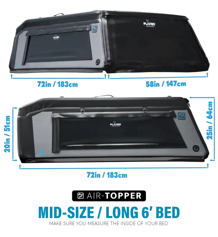 Dimensions and design details of the MR - Mid-Size 6'-Long Bed inflatable truck shell, showcasing its fit for mid-size trucks with long beds.