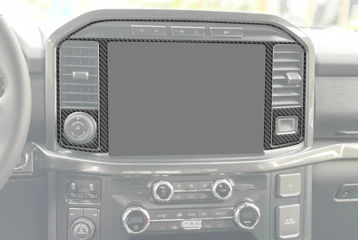 Car dashboard with carbon fiber navigation screen accent trim for Ford F-150 2021-2024
