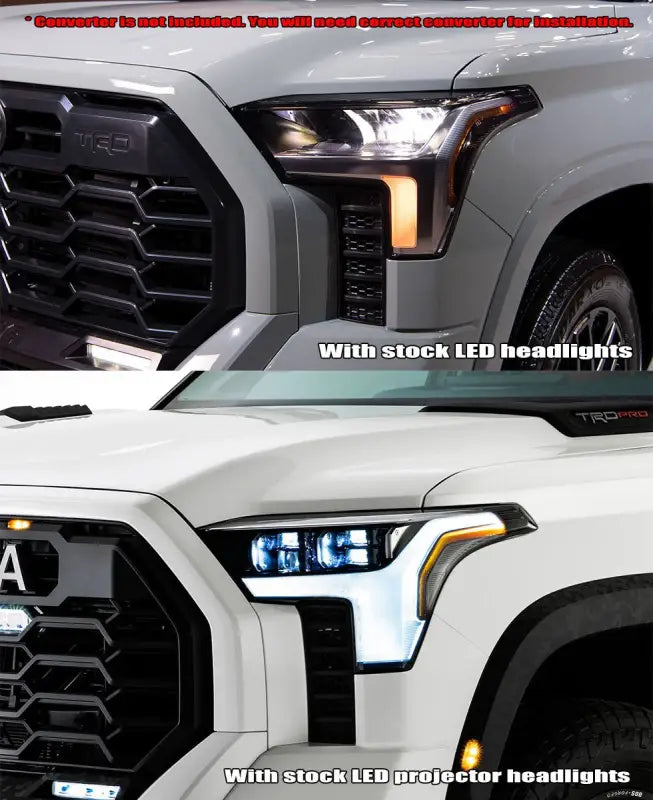 Comparison of stock LED headlights and AlphaRex NOVA-Series LED projector headlights on a Toyota Tundra, highlighting the upgrade in design and performance.