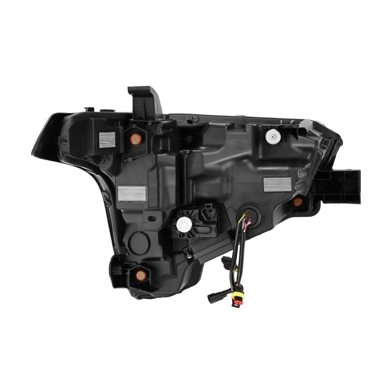 Rear view of AlphaRex NOVA-Series LED projector headlight housing, showcasing wiring and mounting components for easy installation.