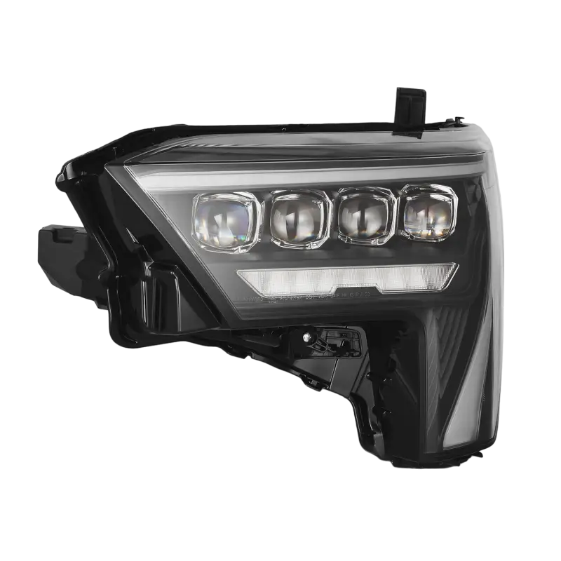 Close-up of a single AlphaRex NOVA-Series LED projector headlight in black for Toyota Tundra and Sequoia, showcasing modern design and functionality.