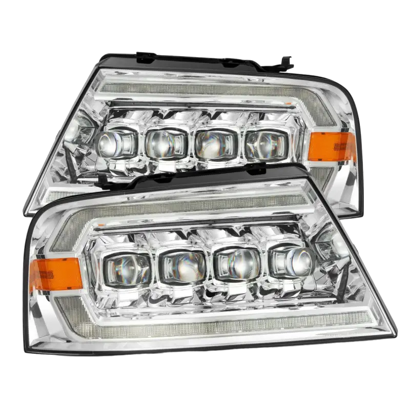 Ford F150 04-08 LED projector headlights in chrome housing with quad lenses and amber side markers for a polished look.
