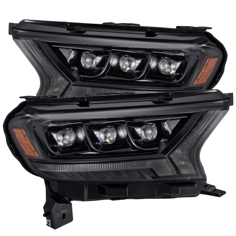 Pair of Ford Ranger 19-22 NOVA-Series LED projector headlights with black housing and sleek design for enhanced vehicle lighting.