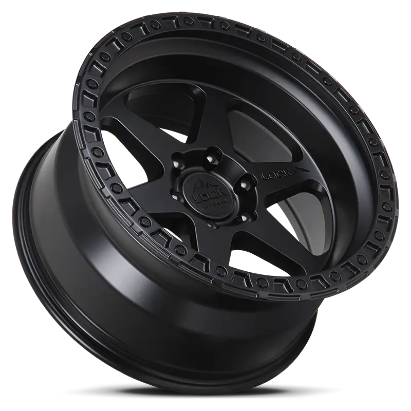 Angled view of the OLYMPUS Matte Black wheel highlighting its deep lip barrel and robust tri-beam design, perfect for enhancing vehicle aesthetics.