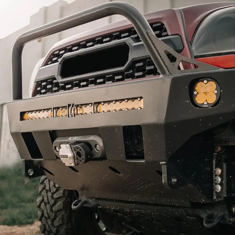 Close-up of 4Runner Overland Series Front Bumper with integrated LED lights and winch mount, designed for 2003-2009 models.